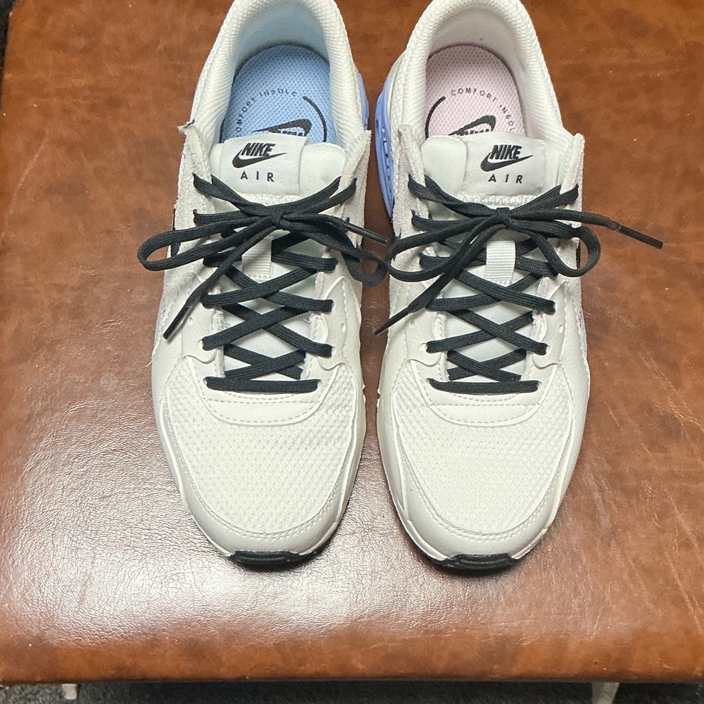 Nike Women's Sneakers - White with Black Laces and Blue, Pink Accents